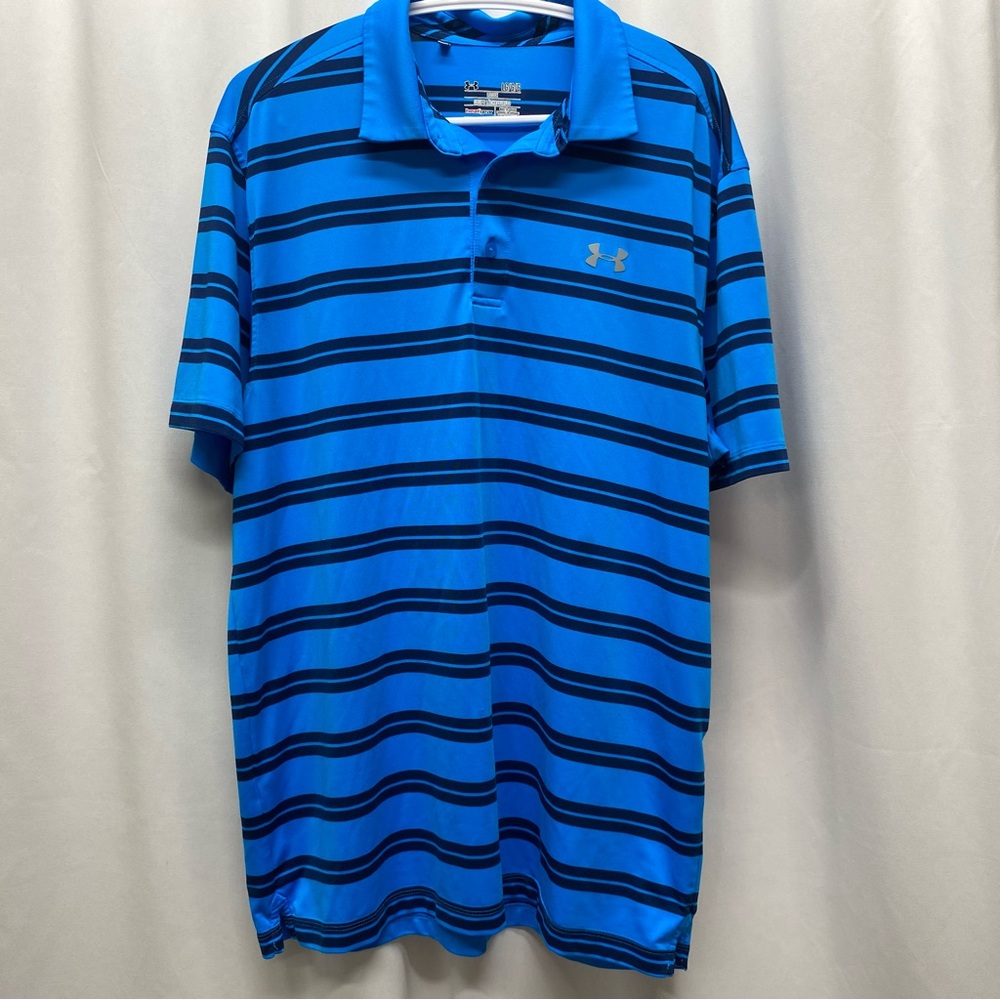Under Armour golf polo shirt men's size large short sleeve striped blue loose